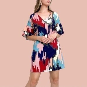 CROSBY BY MOLLIE BURCH Carson Tiered Ruffle Sleeve V Neck Abstract Shift Dress